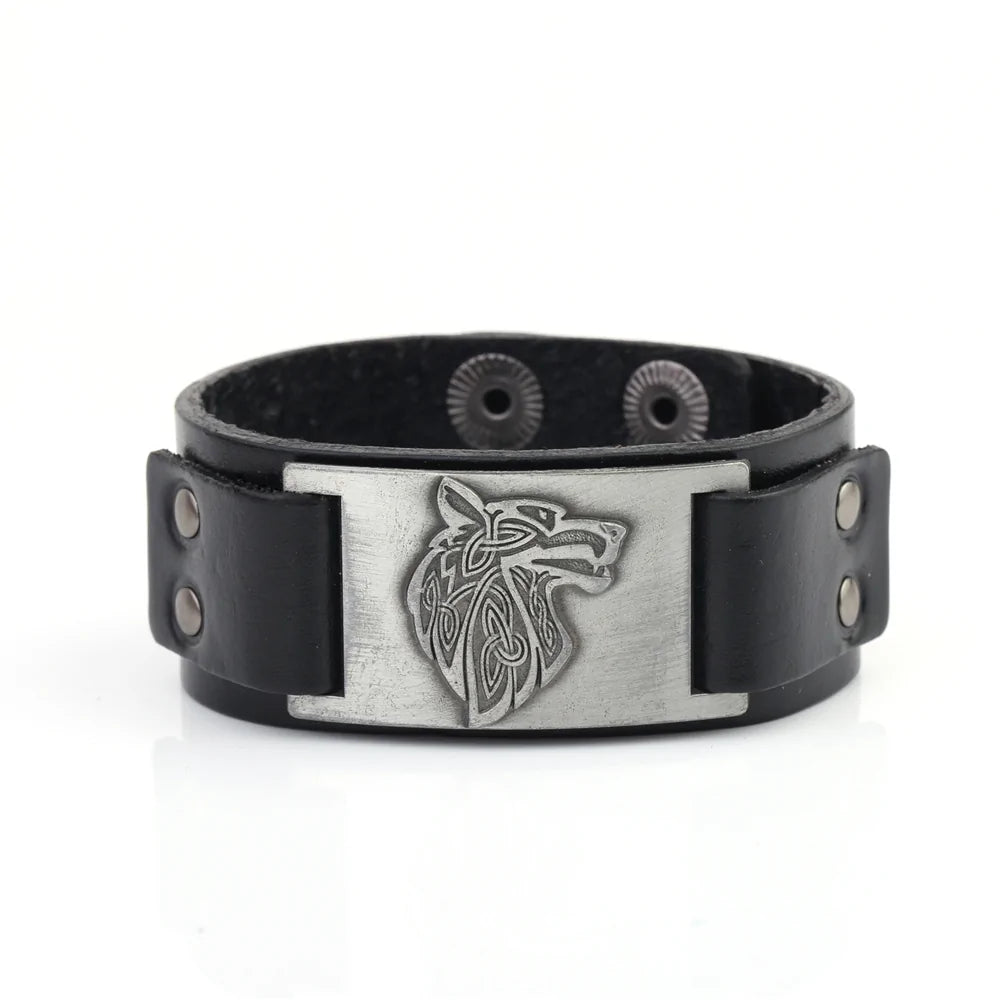 Vintage Wide Leather Woven Wolf Head Bracelet