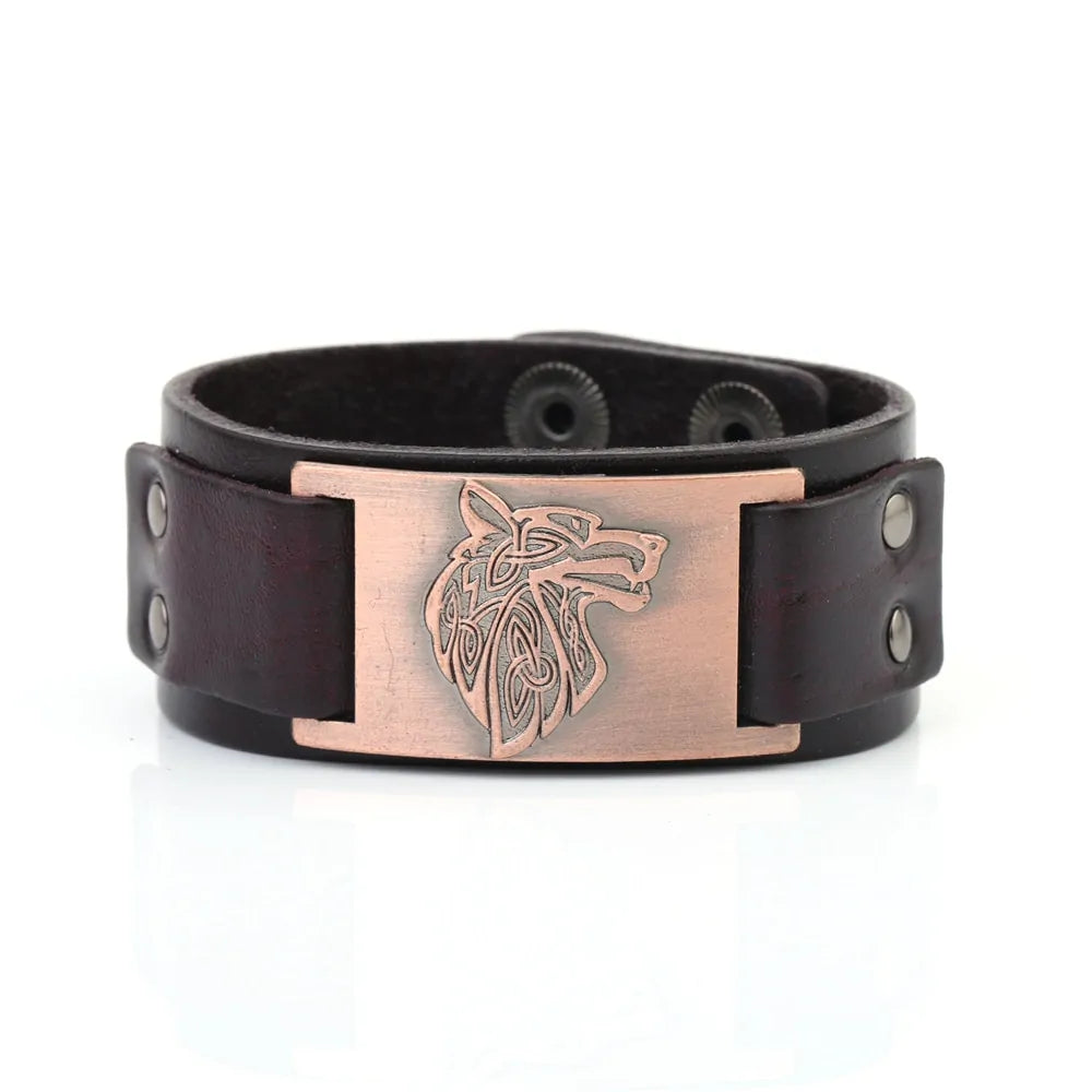 Vintage Wide Leather Woven Wolf Head Bracelet