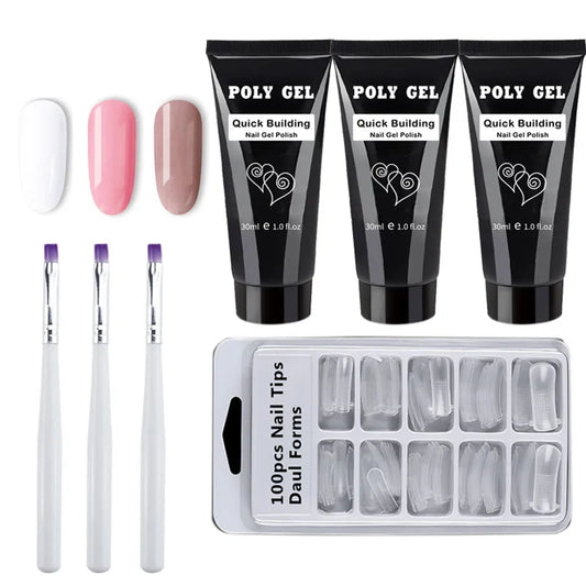 French Nail Art Poly Gel Kit with UV Brush and Nail Tips