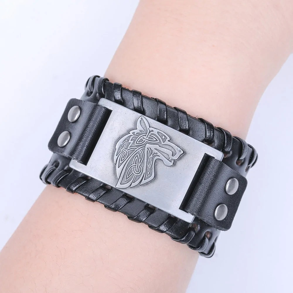 Vintage Wide Leather Woven Wolf Head Bracelet