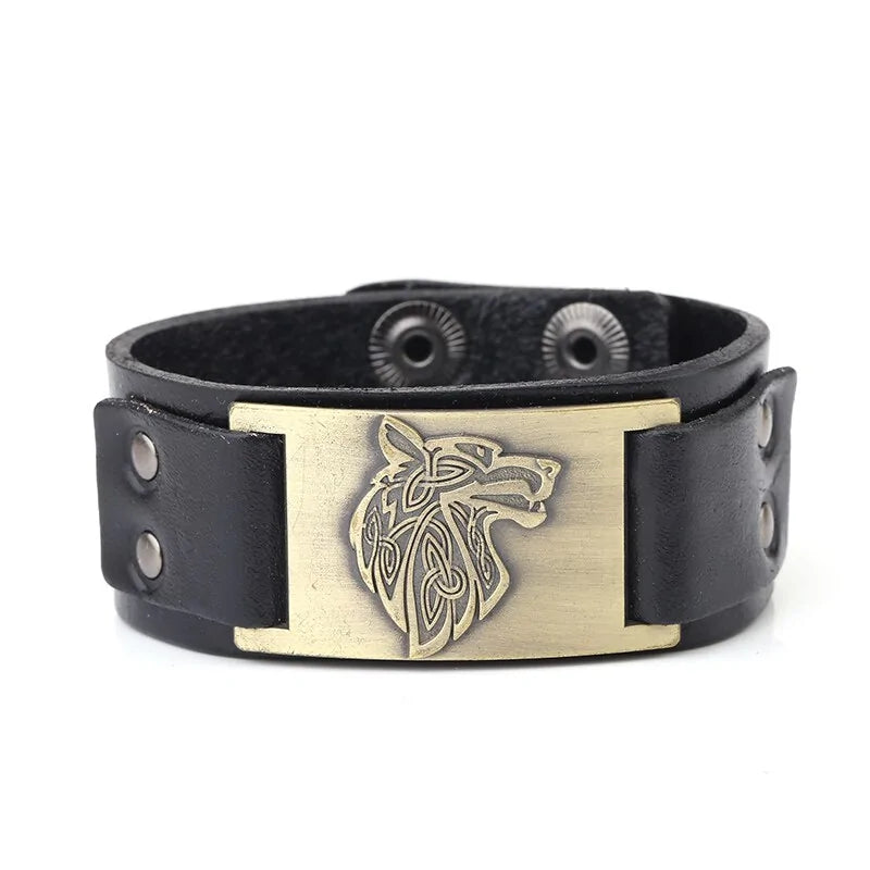 Vintage Wide Leather Woven Wolf Head Bracelet