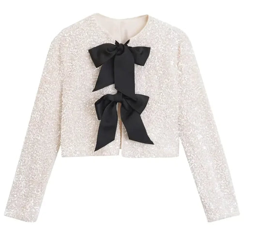 Versatile Bowknot Decoration Sequined Short Coat