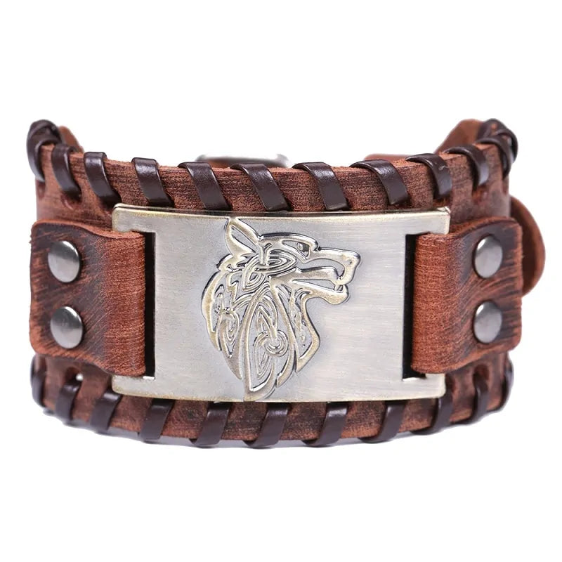 Vintage Wide Leather Woven Wolf Head Bracelet