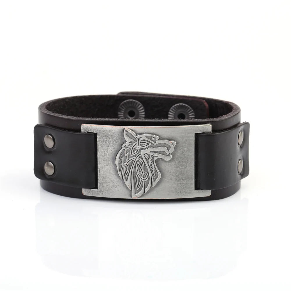 Vintage Wide Leather Woven Wolf Head Bracelet