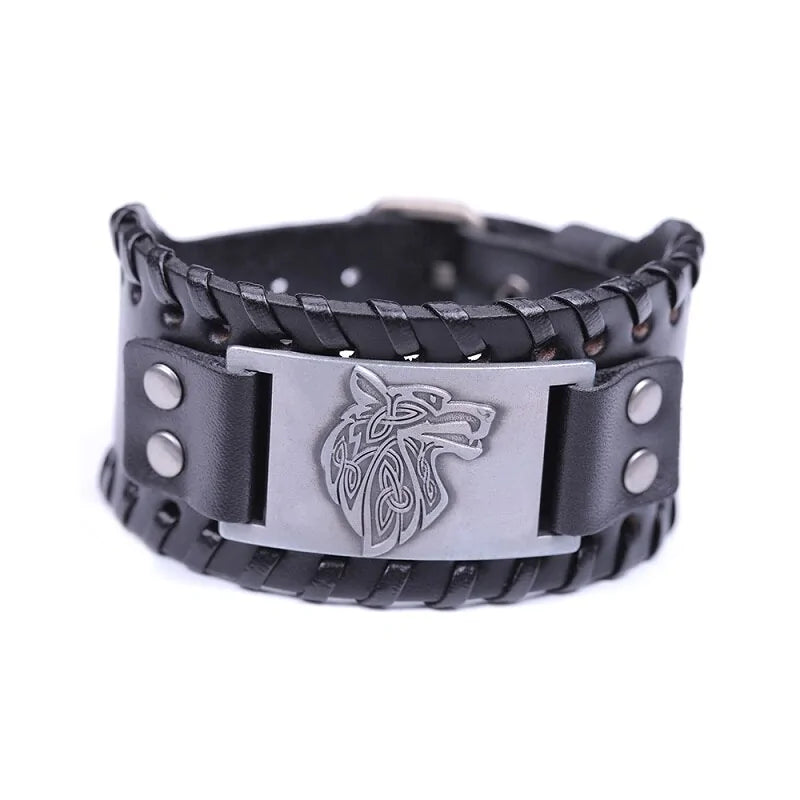 Vintage Wide Leather Woven Wolf Head Bracelet