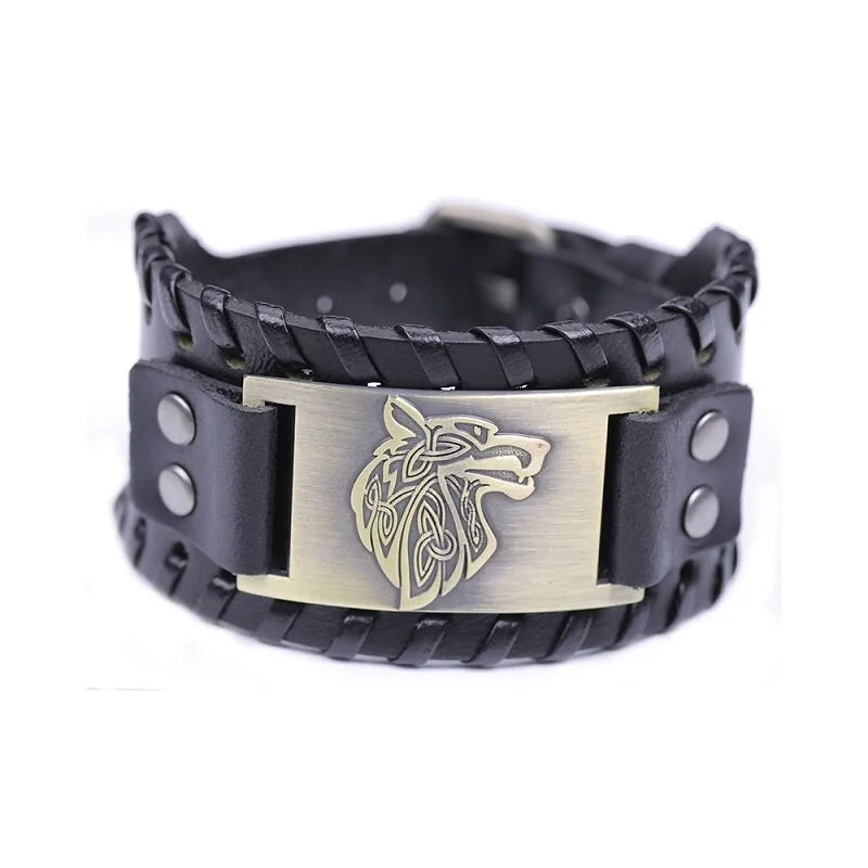 Vintage Wide Leather Woven Wolf Head Bracelet