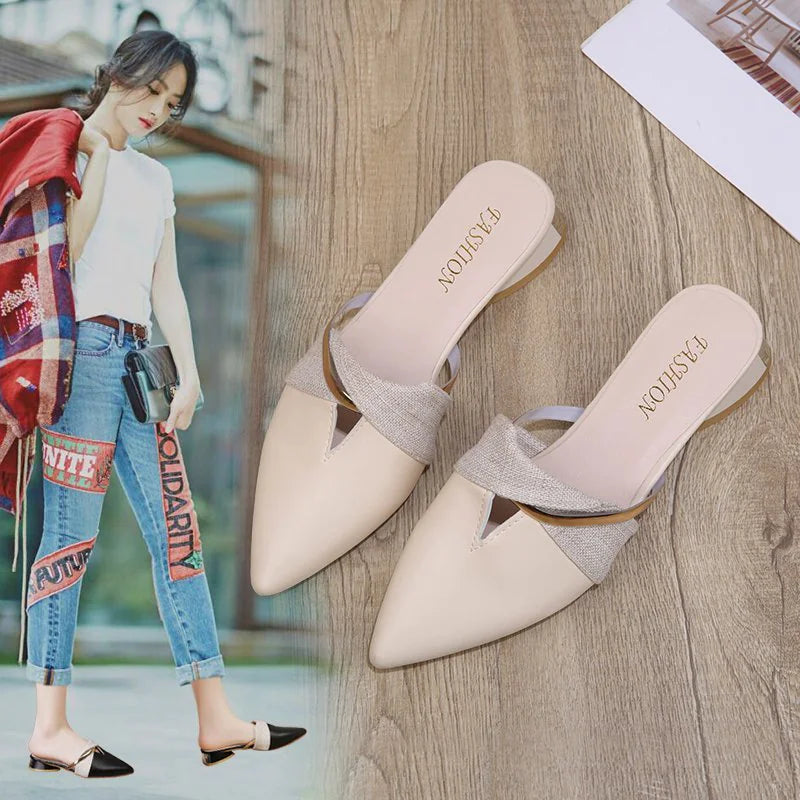 Baotou Pointed Toe Thick Heel Slippers: Fairy Style Sandals